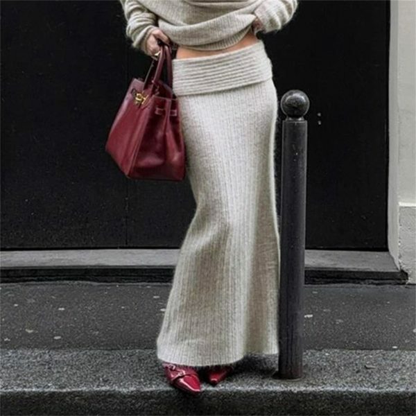 Y2K Wool Blend Long Skirt | Hip-Hugging A-Line Streetwear Fashion