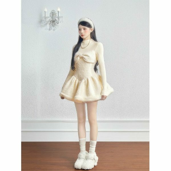 Y2K Wool Fur Knit Dress Jacket Coord Set Streetwear Fashion