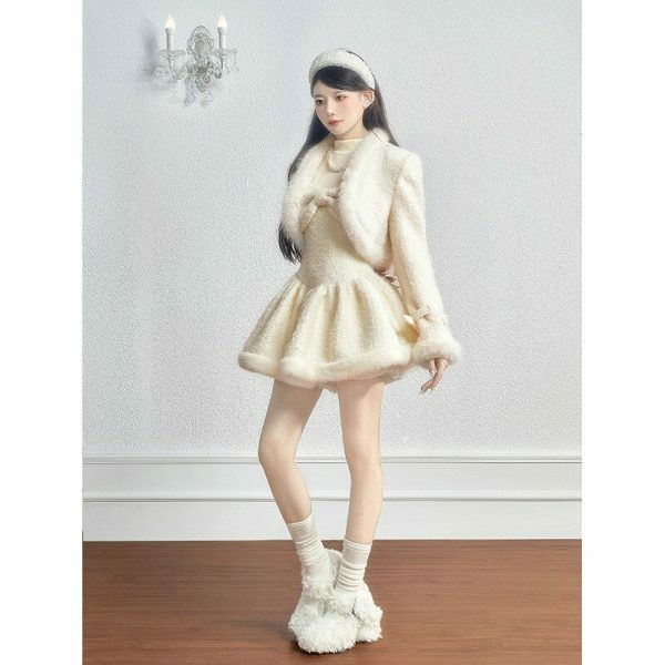 Y2K Wool Fur Knit Dress Jacket Coord Set Streetwear Fashion