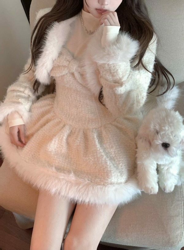 Y2K Wool Fur Knit Dress Jacket Coord Set Streetwear Fashion