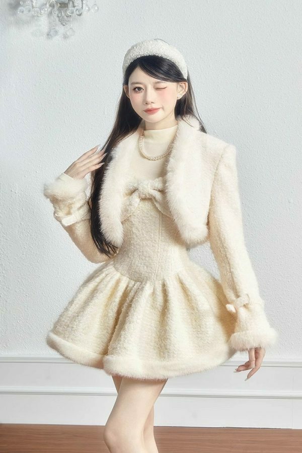 Y2K Wool Fur Knit Dress Jacket Coord Set Streetwear Fashion