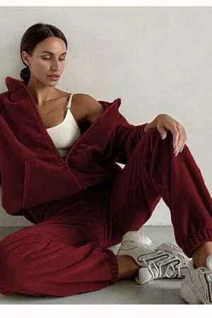 Y2K Wool Velour Tracksuit Set - Oversized Hoodie & Pants