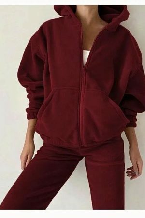 Y2K Wool Velour Tracksuit Set - Oversized Hoodie & Pants