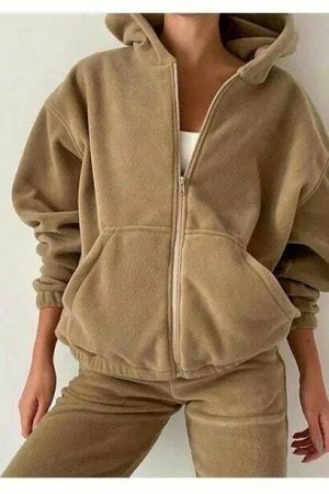 Y2K Wool Velour Tracksuit Set - Oversized Hoodie & Pants