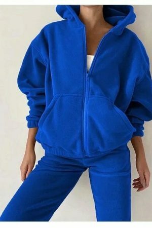 Y2K Wool Velour Tracksuit Set - Oversized Hoodie & Pants