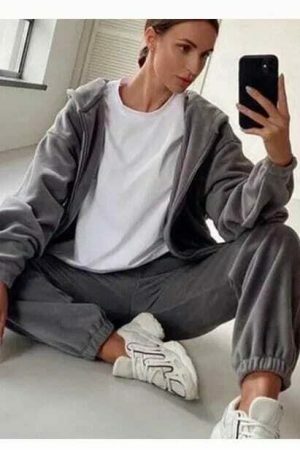 Y2K Wool Velour Tracksuit Set - Oversized Hoodie & Pants