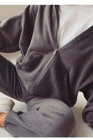 Y2K Wool Velour Tracksuit Set - Oversized Hoodie & Pants