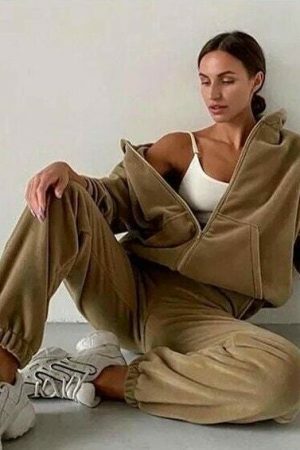 Y2K Wool Velour Tracksuit Set - Oversized Hoodie & Pants