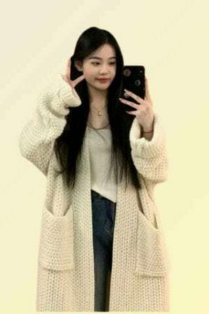 Y2K Woolen Knitted Long Cardigan with Fluffy Grandpa Sweater Aesthetics