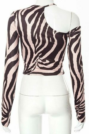 Y2K Zebra Print Long Sleeve Top - Aesthetic Streetwear Vintage Style