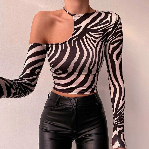 Y2K Zebra Print Long Sleeve Top - Aesthetic Streetwear Vintage Style