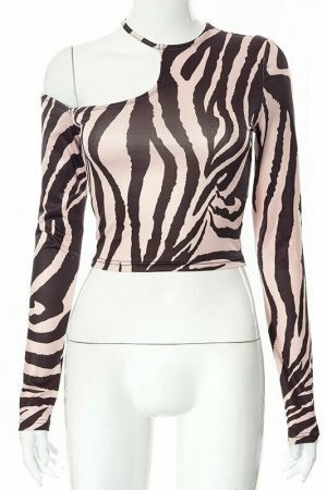 Y2K Zebra Print Long Sleeve Top - Aesthetic Streetwear Vintage Style