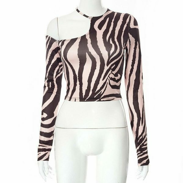 Y2K Zebra Print Long Sleeve Top - Aesthetic Streetwear Vintage Style