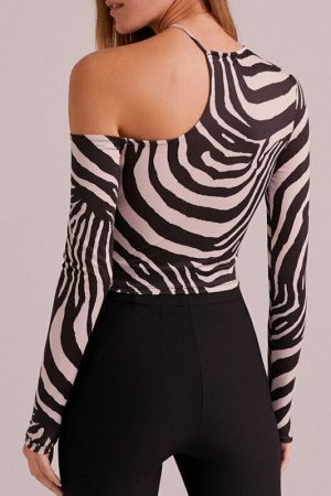 Y2K Zebra Print Long Sleeve Top - Aesthetic Streetwear Vintage Style