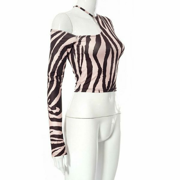 Y2K Zebra Print Long Sleeve Top - Aesthetic Streetwear Vintage Style