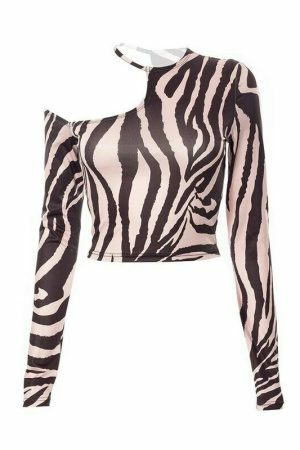 Y2K Zebra Print Long Sleeve Top - Aesthetic Streetwear Vintage Style