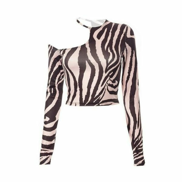 Y2K Zebra Print Long Sleeve Top - Aesthetic Streetwear Vintage Style