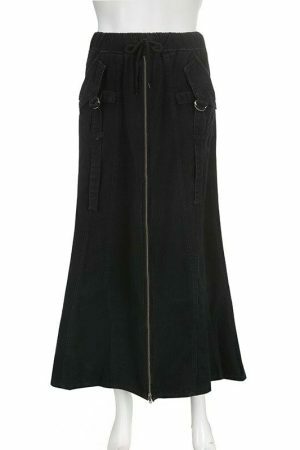 Y2K Zipper High Waist Denim Midi Skirt Streetwear Aesthetic