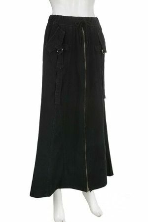 Y2K Zipper High Waist Denim Midi Skirt Streetwear Aesthetic