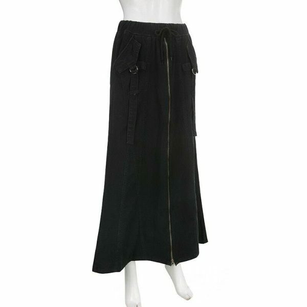 Y2K Zipper High Waist Denim Midi Skirt Streetwear Aesthetic