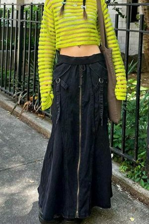 Y2K Zipper High Waist Denim Midi Skirt Streetwear Aesthetic