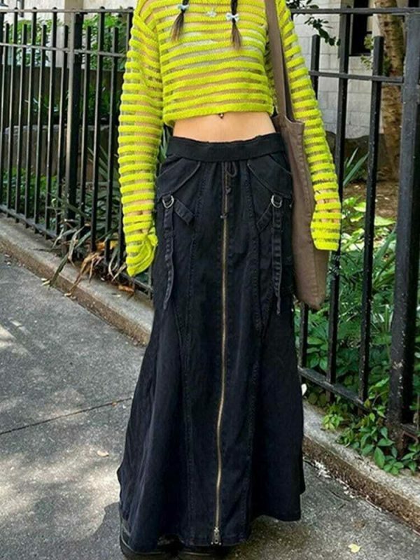 Y2K Zipper High Waist Denim Midi Skirt Streetwear Aesthetic