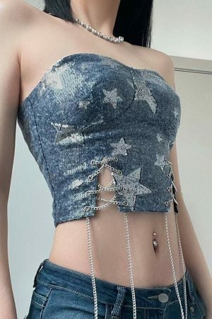 Y2KStar Sequin Stitch Denim Corset Top | Korean Fashion Streetwear Women's Sleeveless Chain Cross Bandage