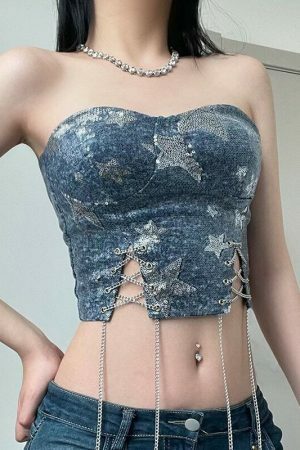 Y2KStar Sequin Stitch Denim Corset Top | Korean Fashion Streetwear Women's Sleeveless Chain Cross Bandage