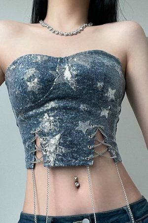 Y2KStar Sequin Stitch Denim Corset Top | Korean Fashion Streetwear Women's Sleeveless Chain Cross Bandage