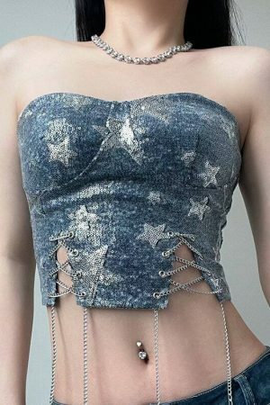 Y2KStar Sequin Stitch Denim Corset Top | Korean Fashion Streetwear Women's Sleeveless Chain Cross Bandage