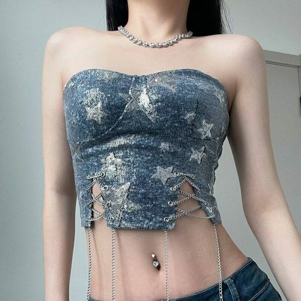 Y2KStar Sequin Stitch Denim Corset Top | Korean Fashion Streetwear Women's Sleeveless Chain Cross Bandage