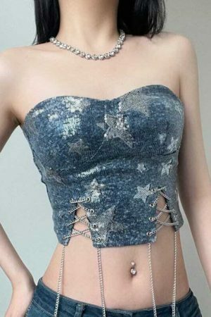 Y2KStar Sequin Stitch Denim Corset Top | Korean Fashion Streetwear Women's Sleeveless Chain Cross Bandage