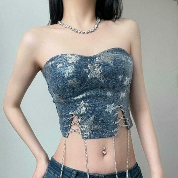 Y2KStar Sequin Stitch Denim Corset Top | Korean Fashion Streetwear Women's Sleeveless Chain Cross Bandage