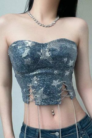 Y2KStar Sequin Stitch Denim Corset Top | Korean Fashion Streetwear Women's Sleeveless Chain Cross Bandage